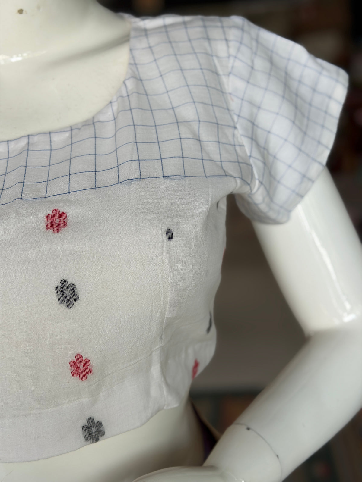 White n blue checks hand woven cotton Jamdani blouse with short sleeves