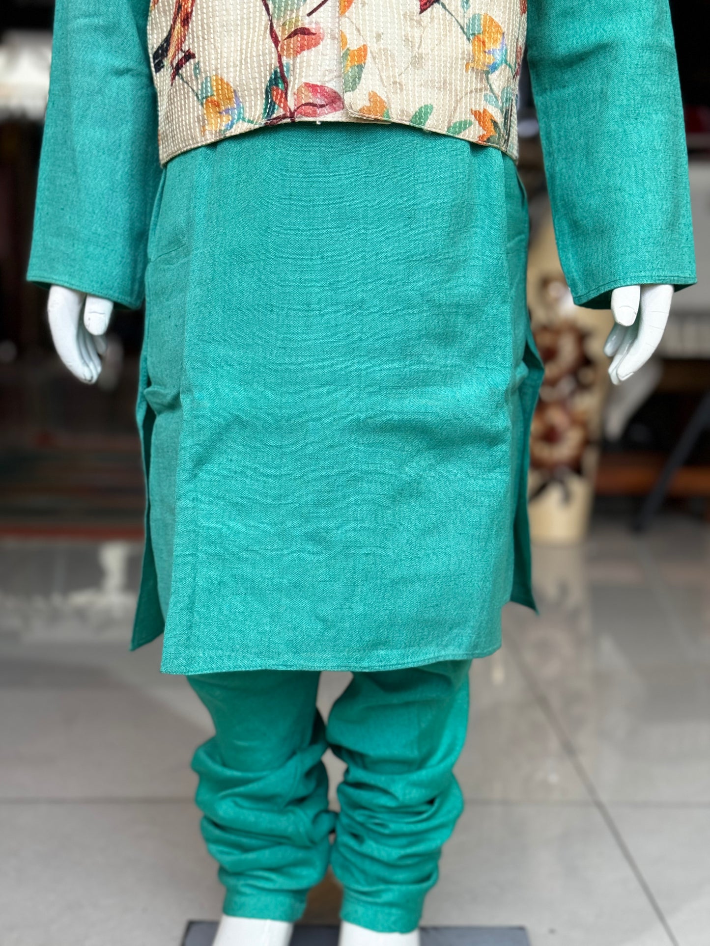 Green long kurta, chudidhar pants and nature print Nehru jacket - 3 piece set for boys