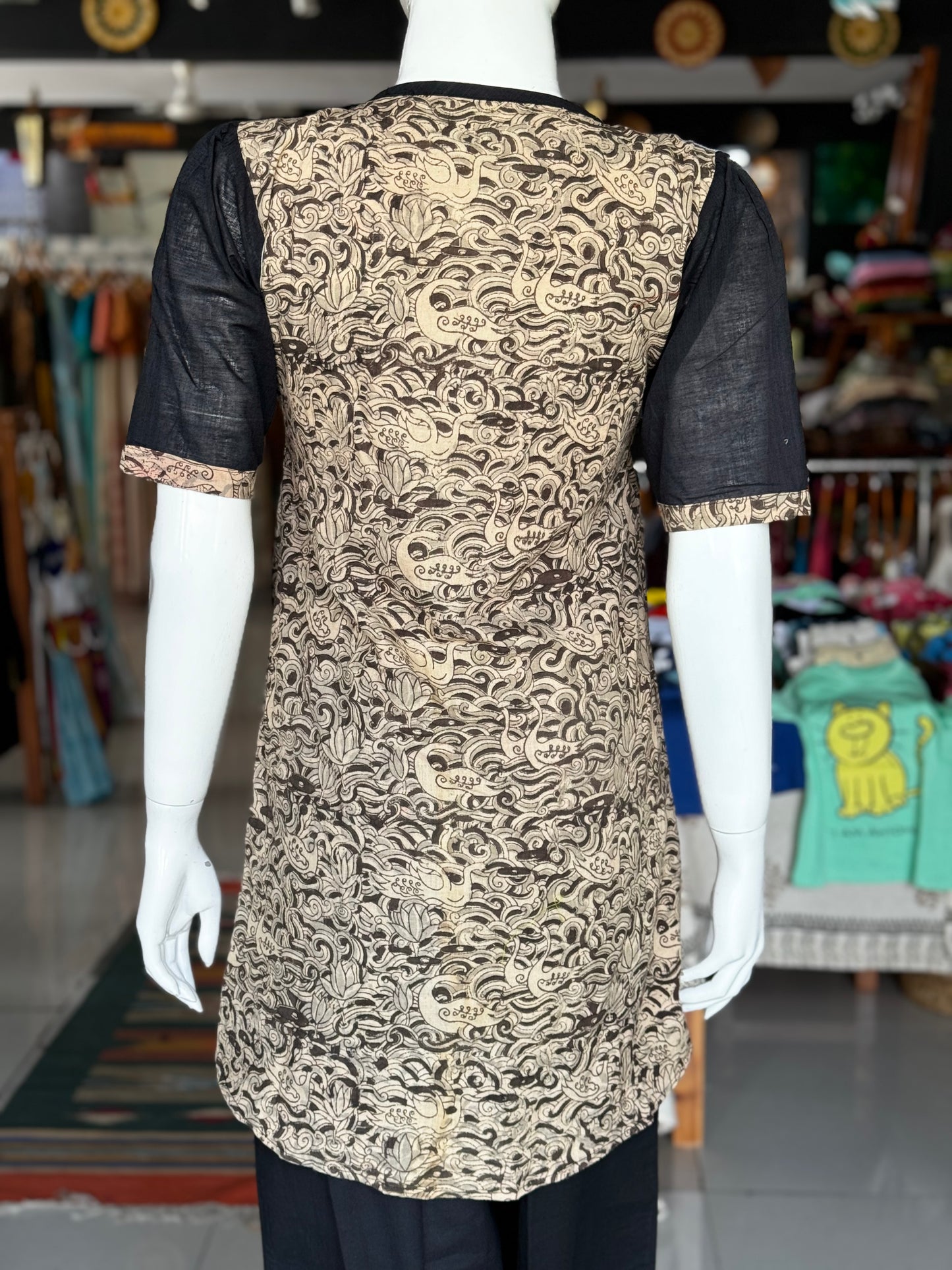 Black hand block printed handloom cotton shirt tunic with fabric buttons