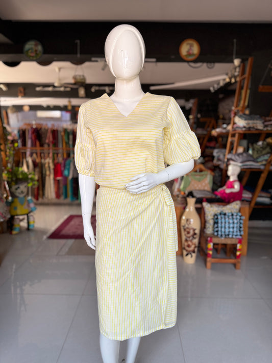 Off white and yellow stripes hand block printed soft cotton dress with skirt look flap