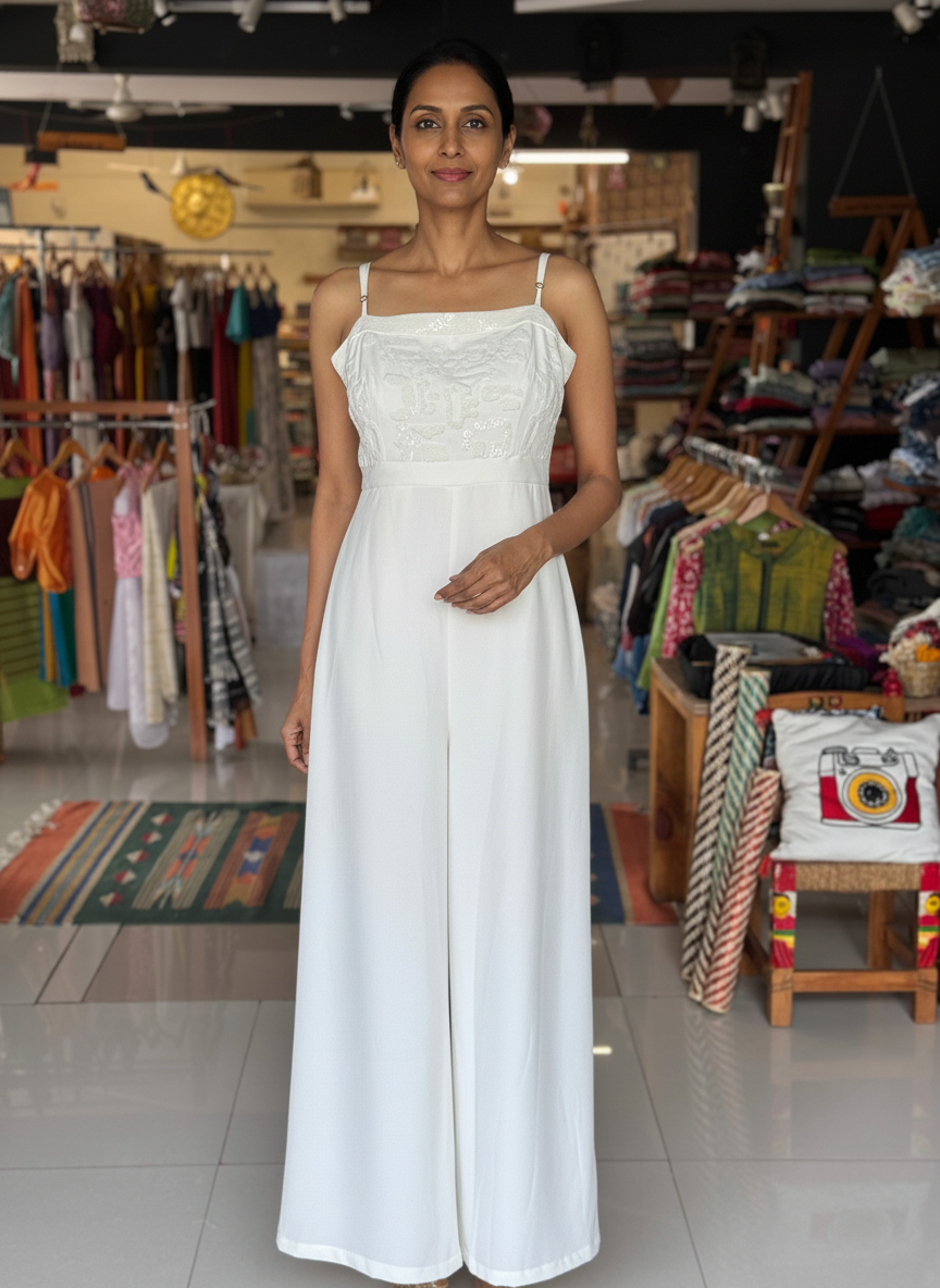 Crepe strappy jumpsuit with hand embellished yoke - color options available