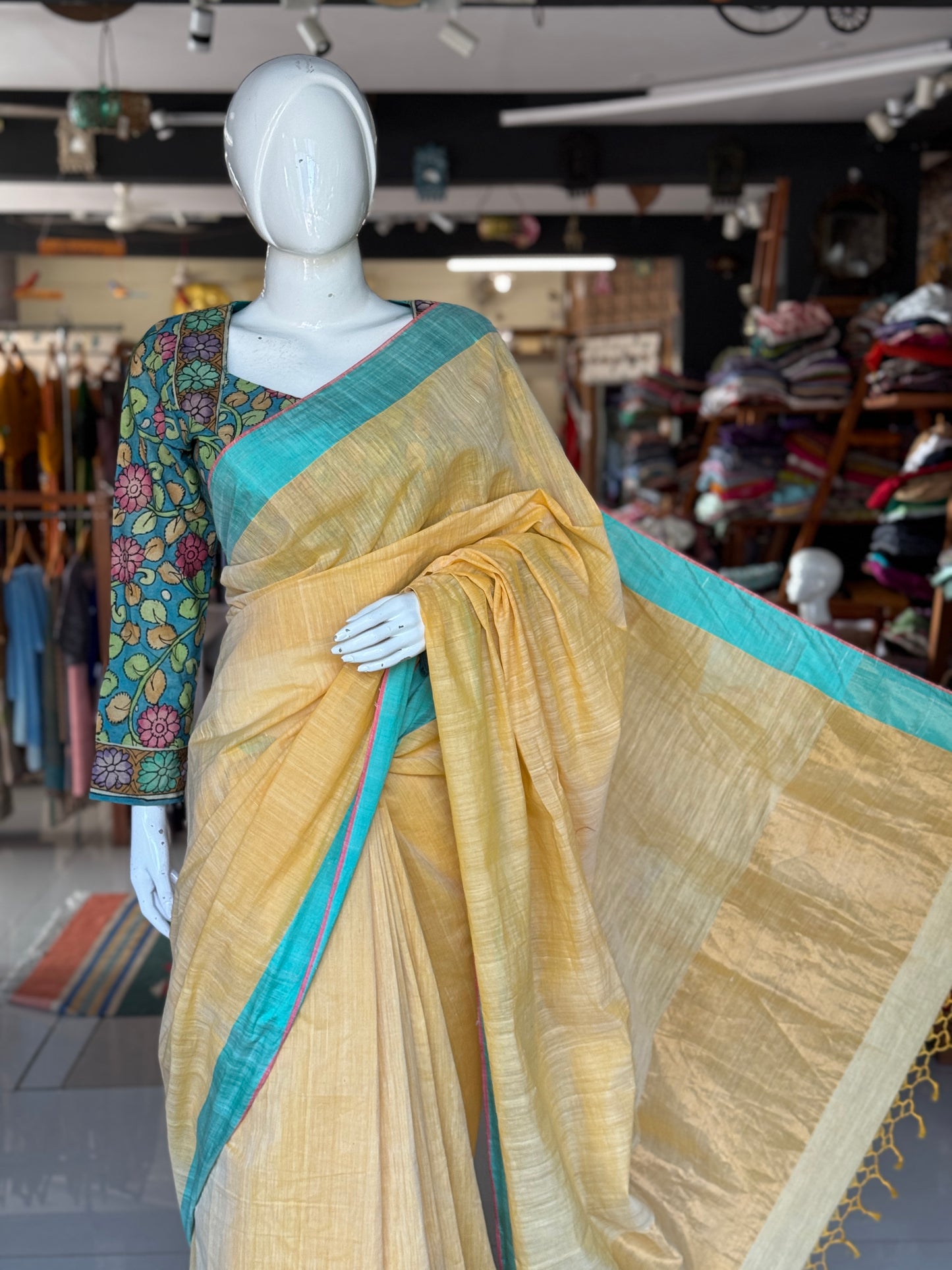 Blue Pen kalamkari hand painted cotton blouse with long sleeves