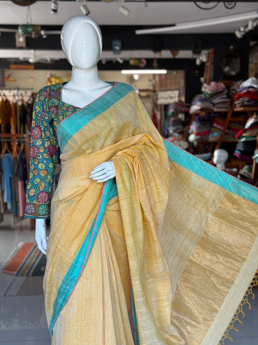 Sandal shade hand spun hand woven cotton saree with sea green and pink borders