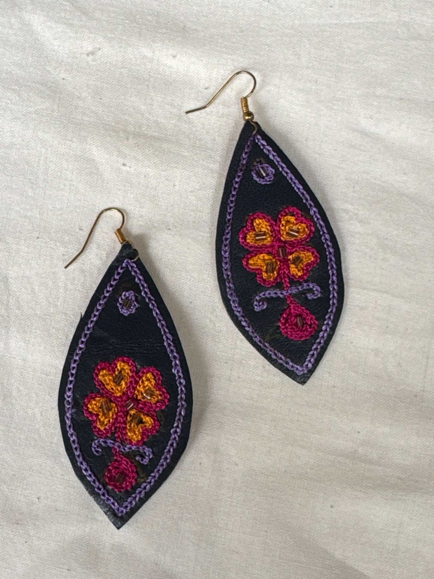 Leather with hand embroidery light weight earrings - shapes, designs and color choice available