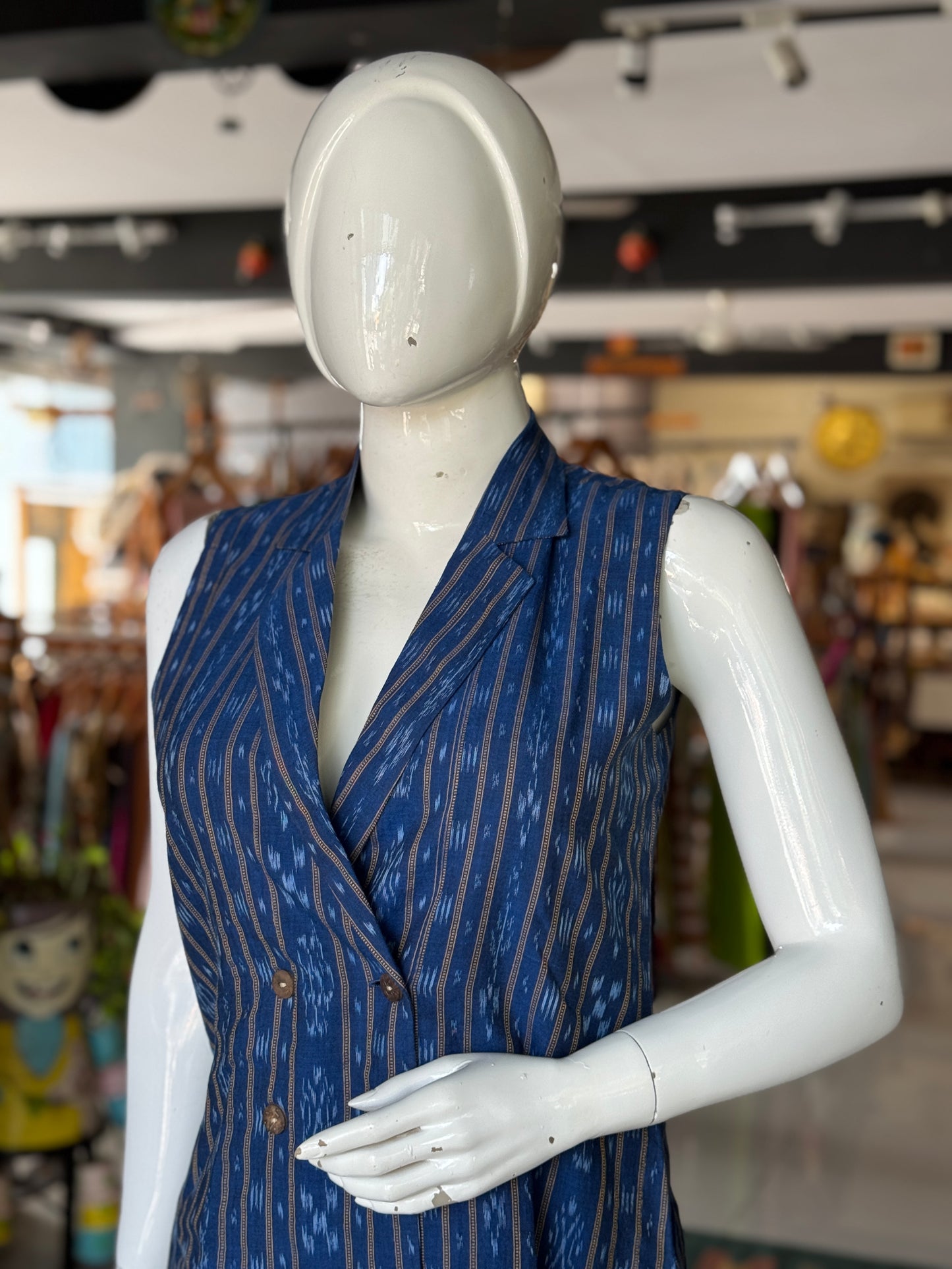 Blue Ikat handwoven collared cotton sleeveless gilet jacket top and pants coord set
