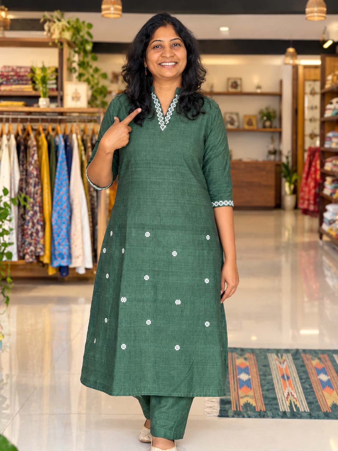 Assam handloom cotton green coord set with woven butis