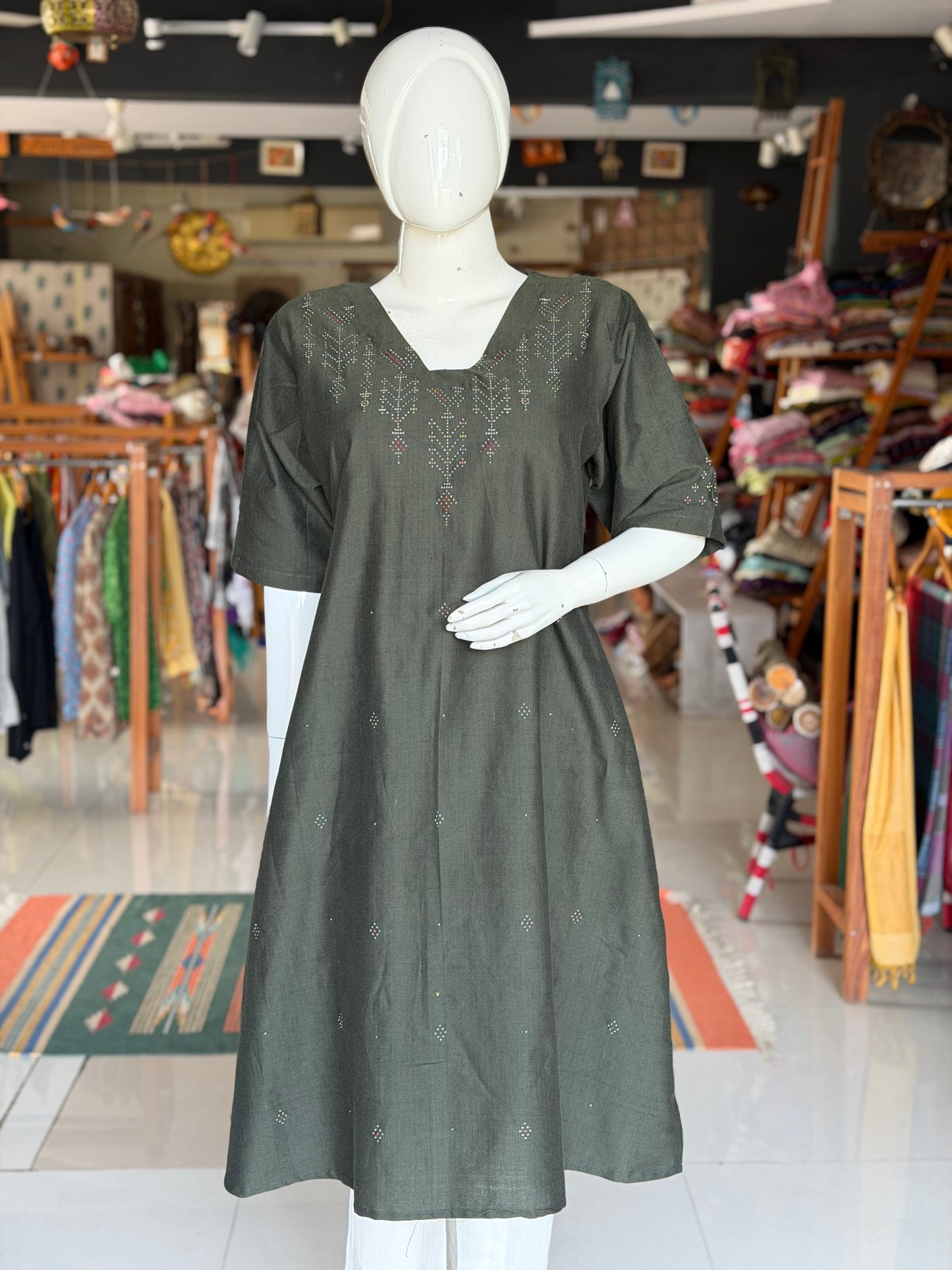 Dark green Tangaliya birds design handwoven cotton a-line kurti / dress
