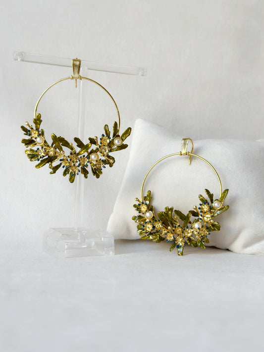 Bloom chandbalis in gold plated brass - beautifully crafted designer earrings with fresh water pearls and epoxy enamel