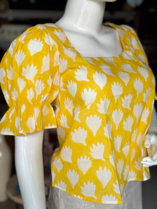 Yellow cotton hand block printed square neck tunic with puff sleeves