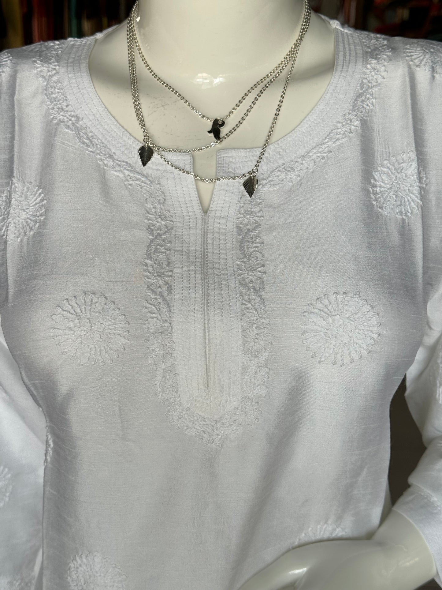 White chikankari hand embroidered straight cuts raw silk kurti