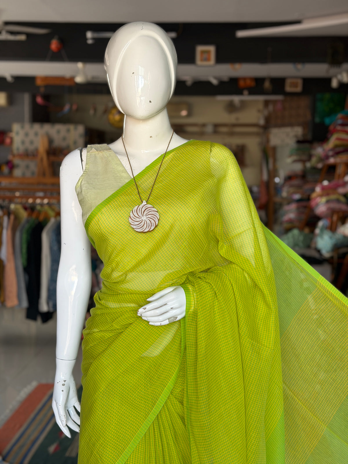 Lime n lemony yellow green soft handwoven mul cotton fine checks saree
