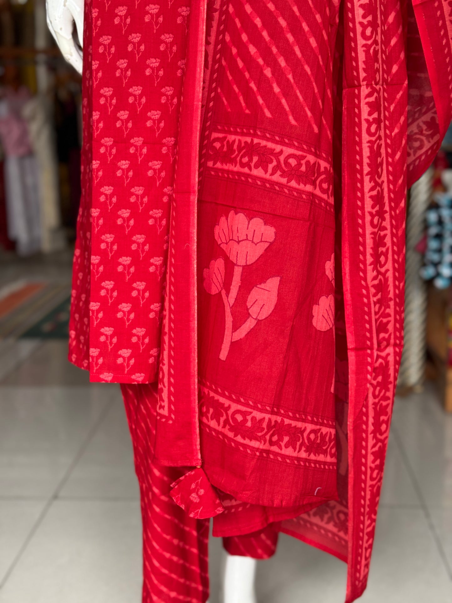 Red small print cotton embroidered straight kurti, pants and dupatta - 3 piece suit set
