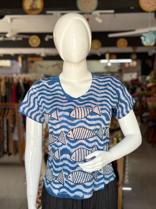 Indigo fish in sea cotton hand block printed tshirt for women
