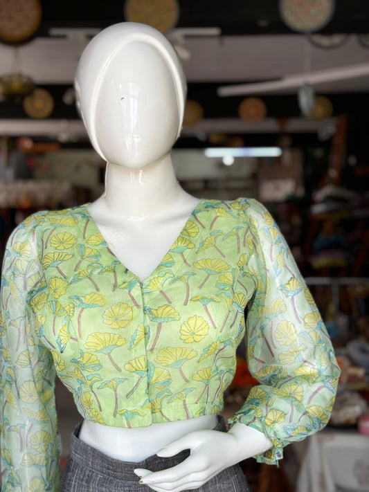 Green chiffon floral hand block printed blouse with V-neck and long balloon sleeves