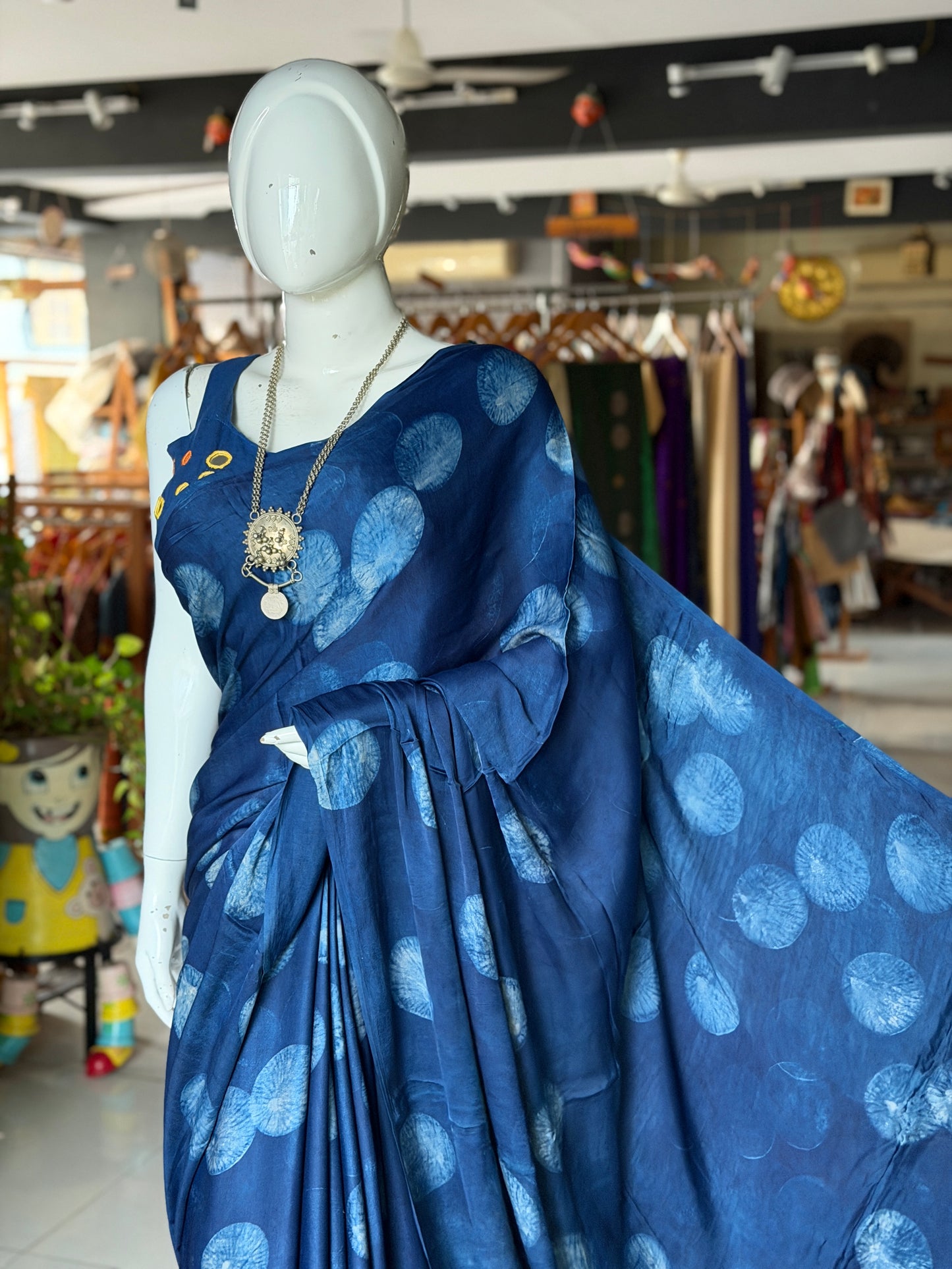 Indigo hazy circles print soft modal yardage saree / fabric - handcrafted