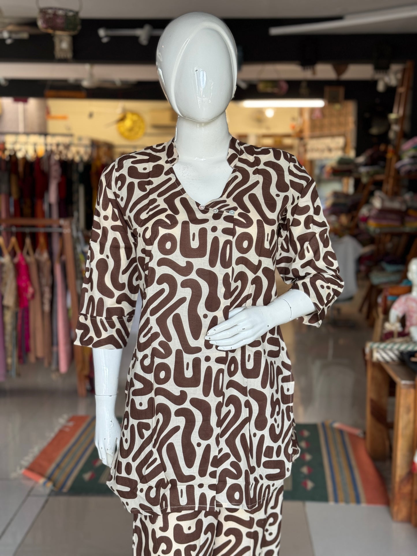 Cream and brown printed cotton 2 piece lounge wear / coord set
