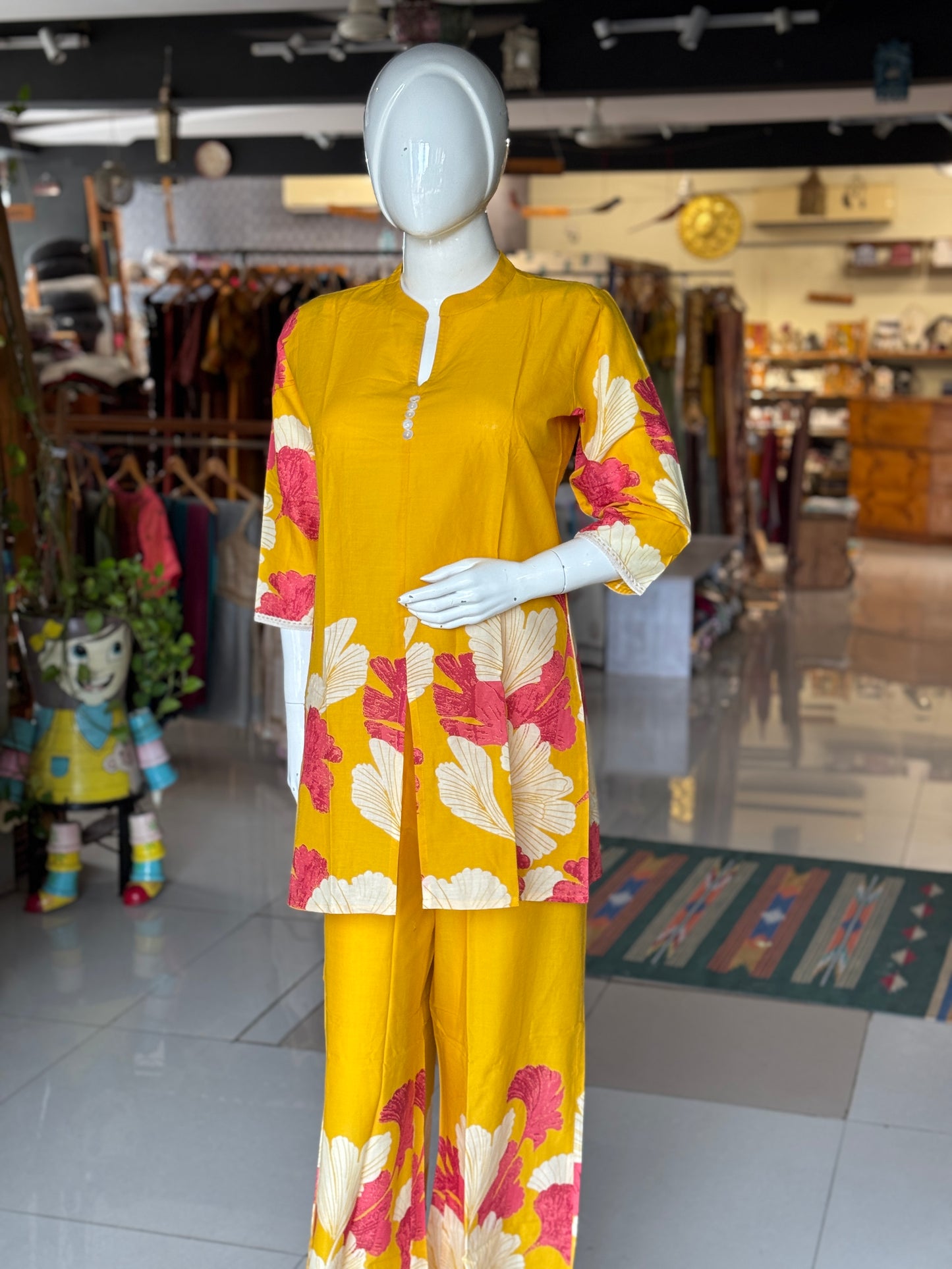 Yellow with pink floral print band collared cotton top with long sleeves and pants - coord set