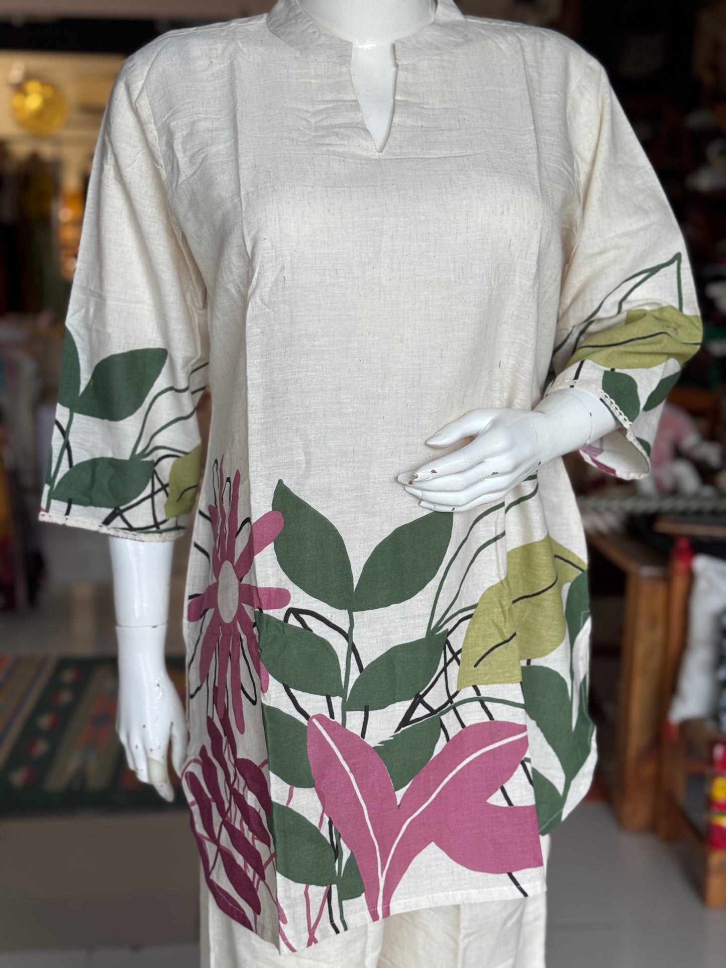 Off white v-neck cotton top with long sleeves and pants - coord set - click to see designs and sizes