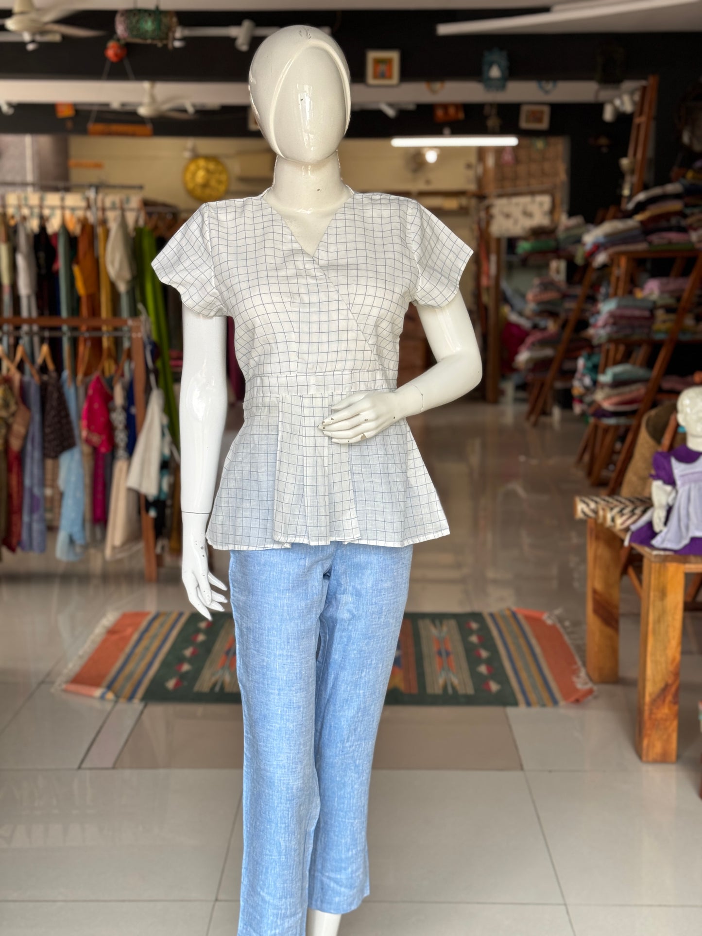 White with blue checks soft cotton handloom top