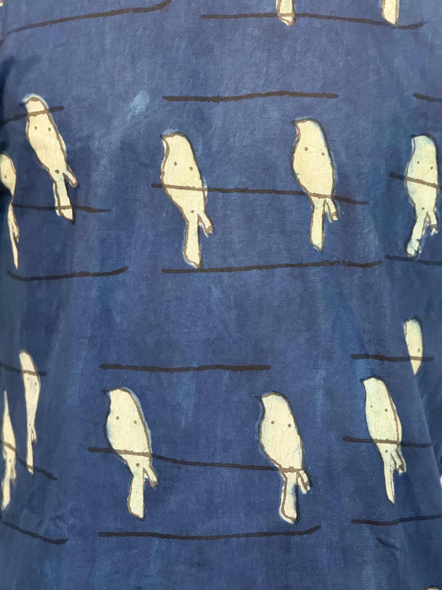 Indigo blue birds on a line- hand block printed natural dyed cotton t-shirt