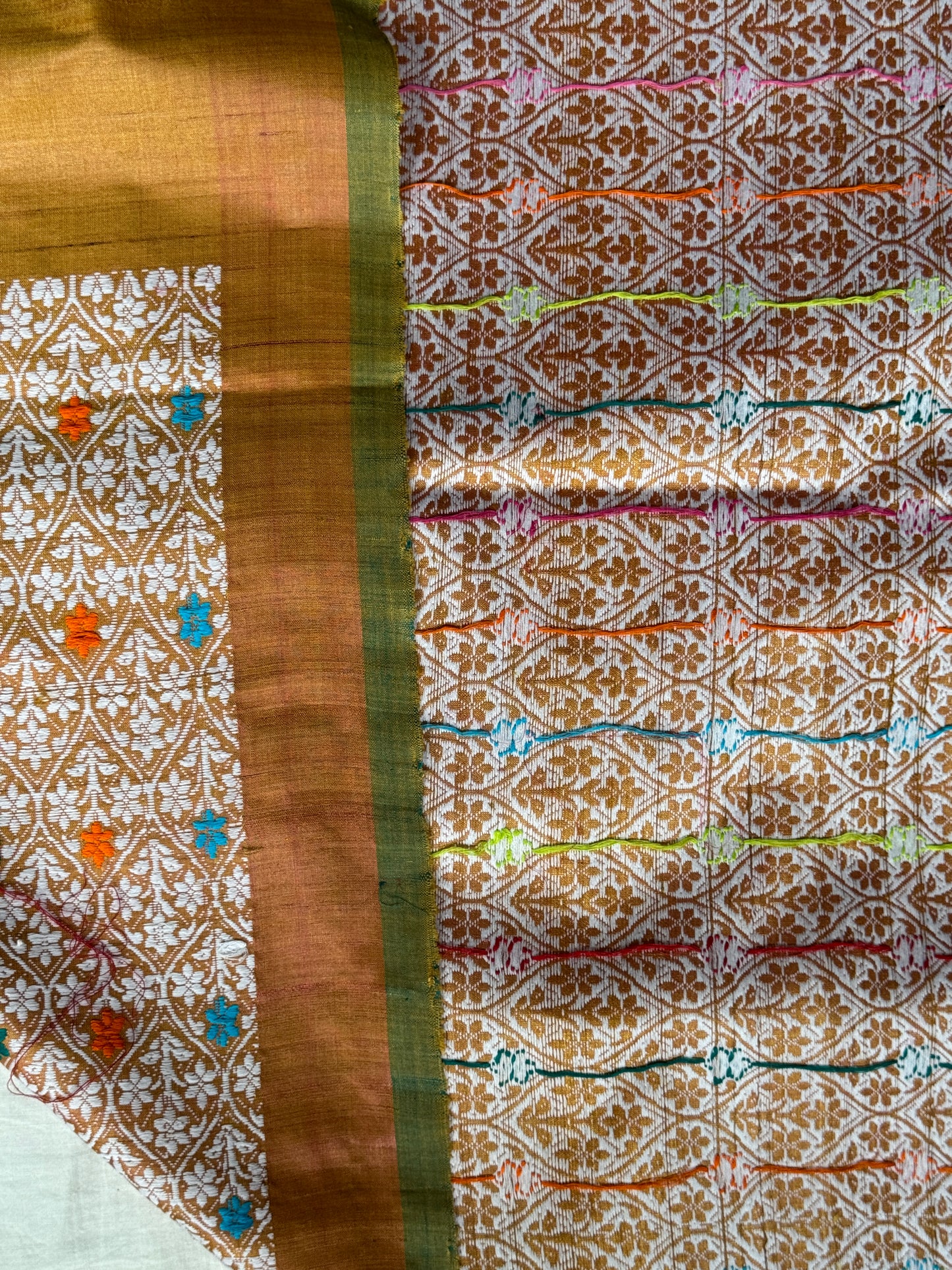 Golden tone pure tussar silk handwoven saree with extra weft flower butis and jala palla