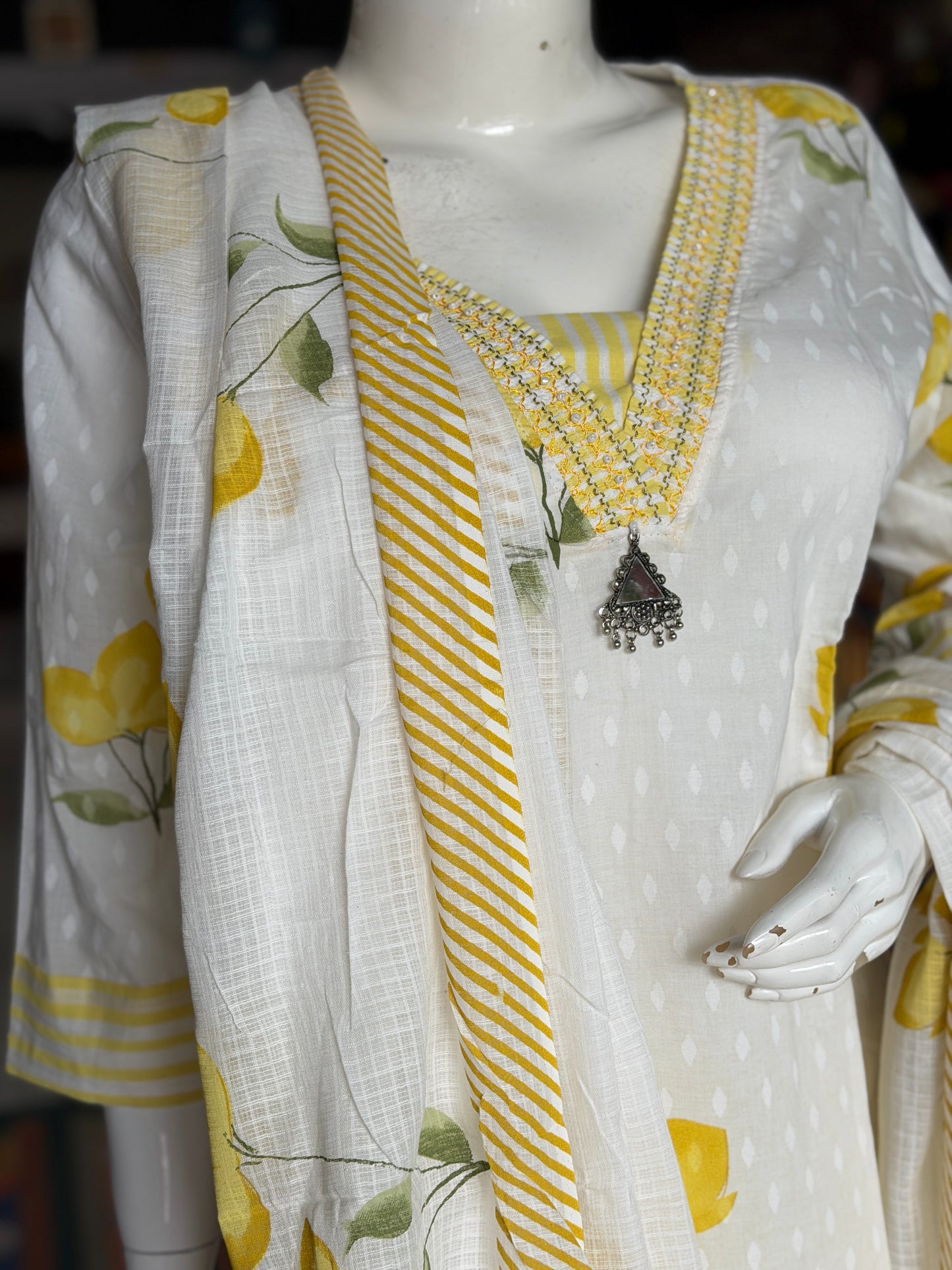 Lime n lemony white cotton 3 piece set - straight kurti, pants and dupatta