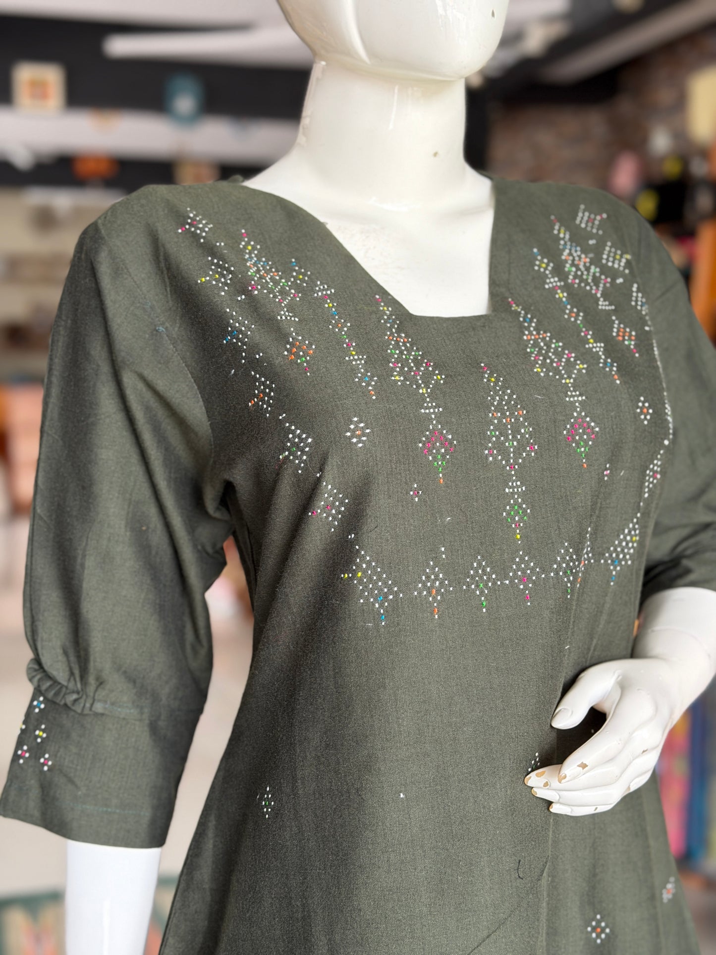 Dark green Tangaliya trees design handwoven cotton a-line kurti / dress