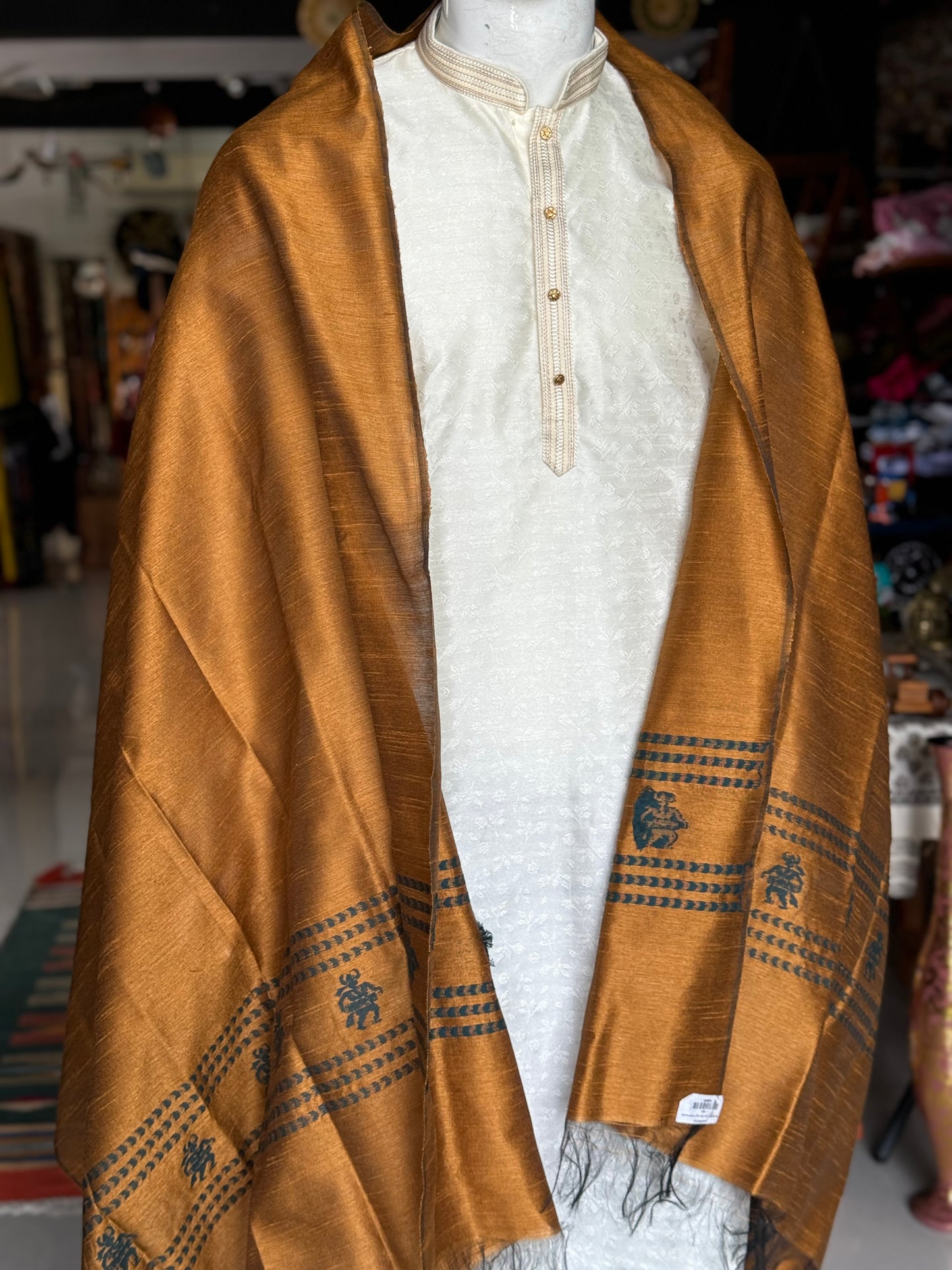 Brown hand woven raw silk dupatta with tribal motifs