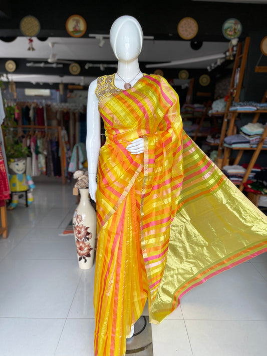 Bold yellow pink stripes Chanderi pure silk handwoven saree