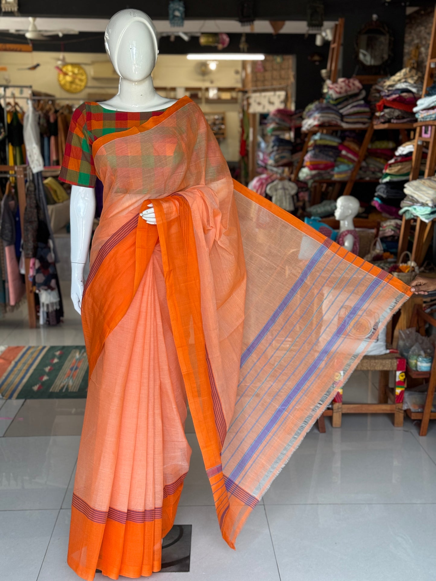 Orange plain cotton saree with stripes wide border light weight soft handloom Bobbili cotton saree