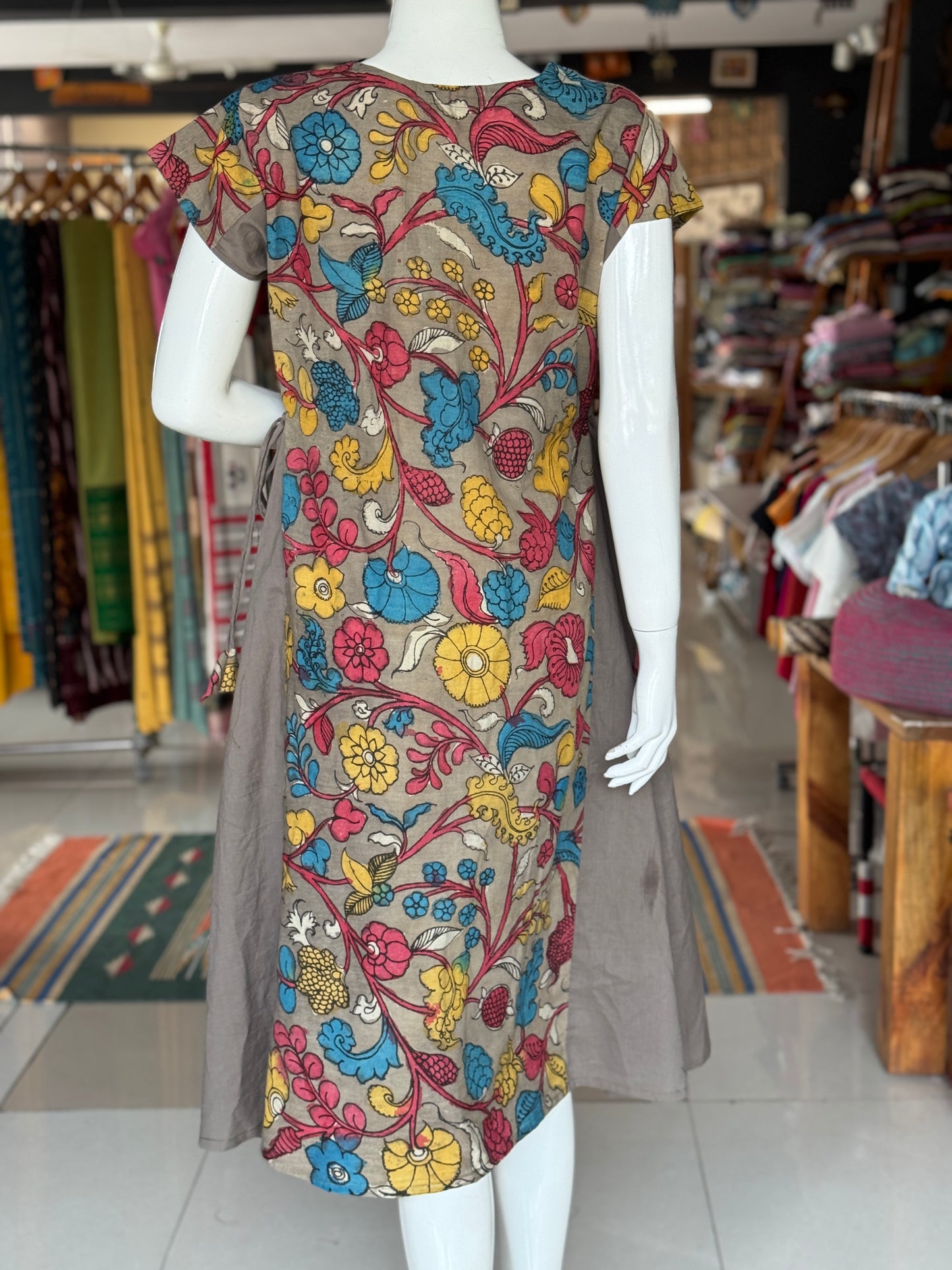 Brown floral pen Kalamkari hand painted cotton dress / kurti with plain side panels and side ties