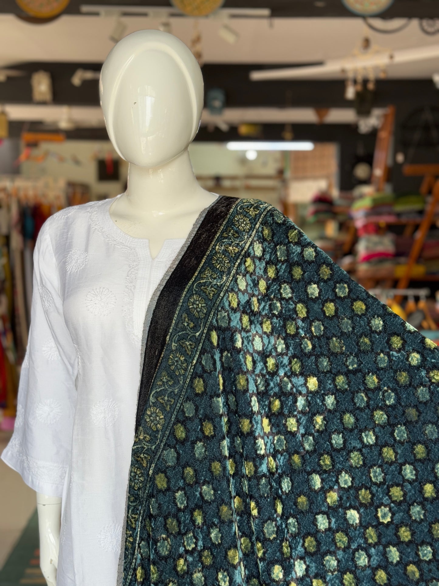 Indigo blue and green luxurious velvet dupatta with hand block Ajrakh prints