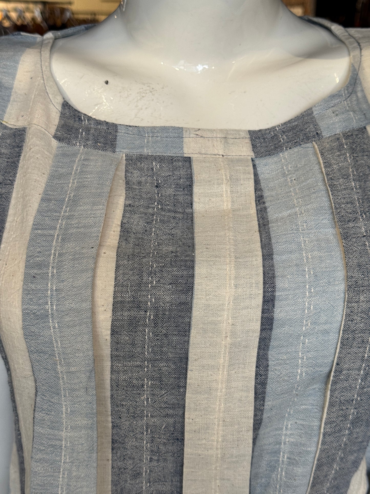 Blue and Off white stripes kala cotton, handwoven top with pleated front and boat neck