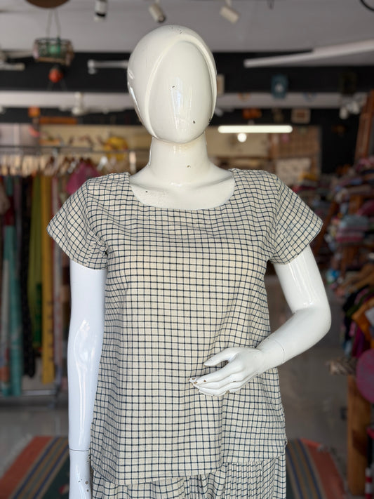 Off white and blue checks Hand spun, Handwoven, natural yarn dyed cotton top