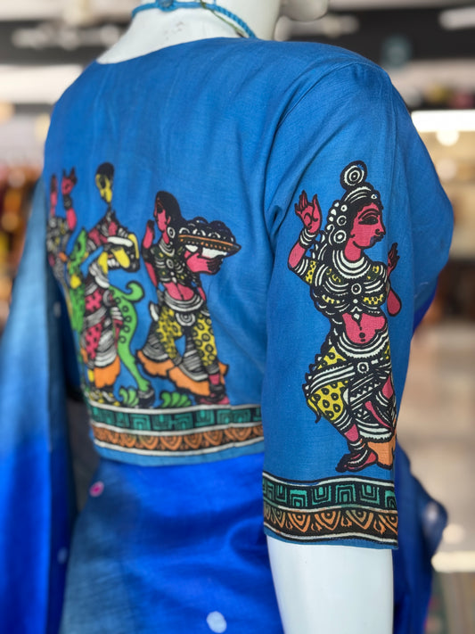 Blue Pen Kalamkari hand painted silk blouse with painting on back, sleeves