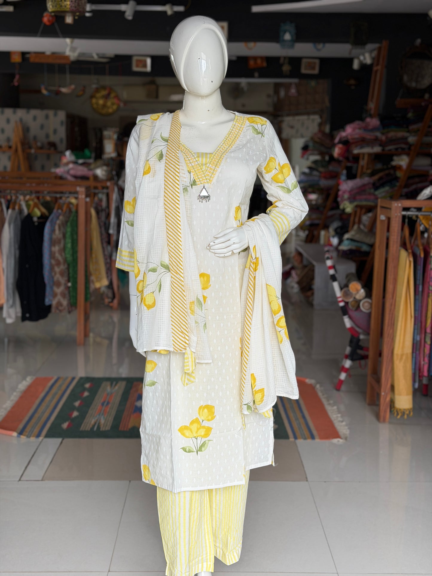 Lime n lemony white cotton 3 piece set - straight kurti, pants and dupatta