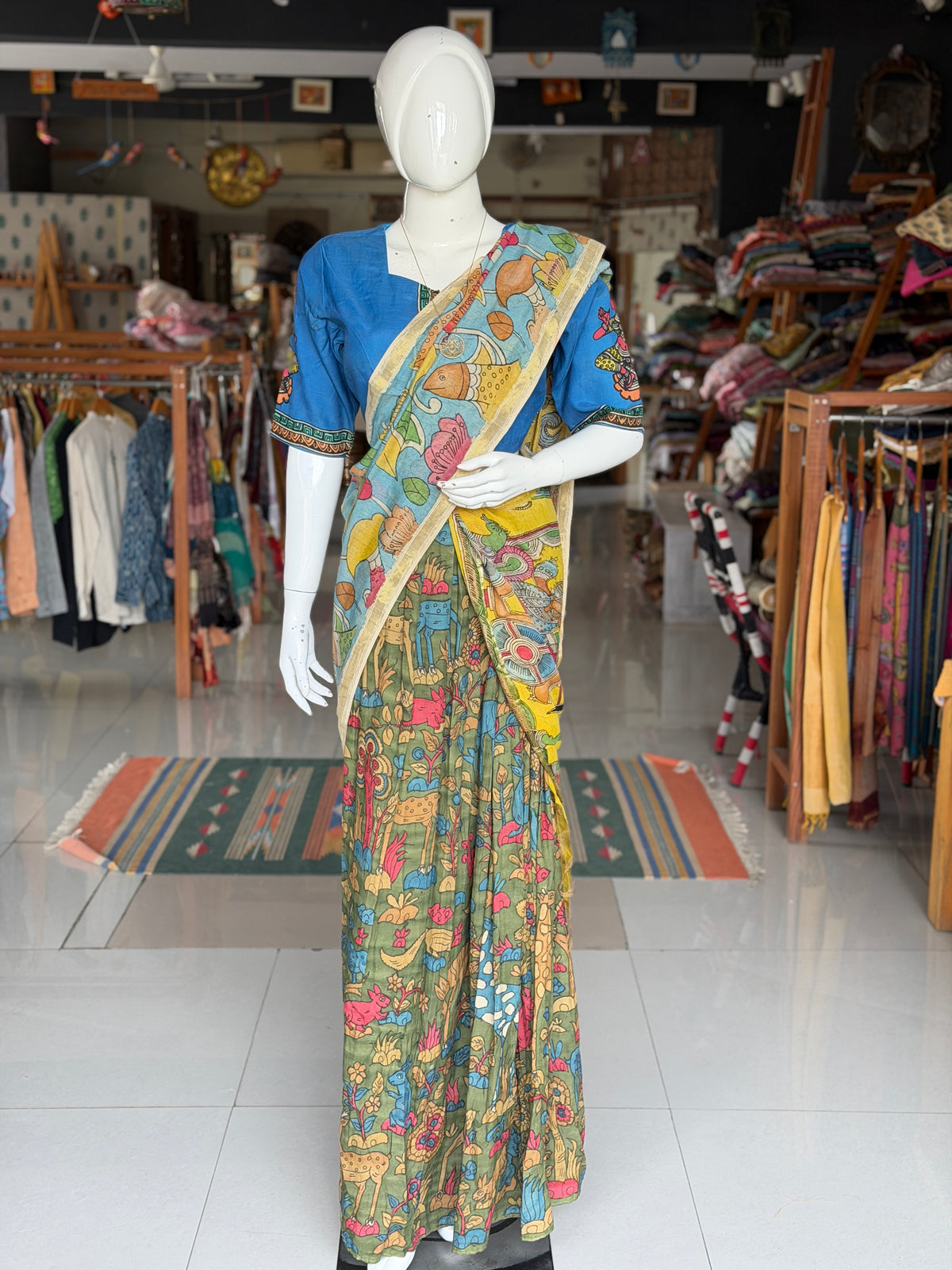 Green forest theme hand painted pen Kalamkari silk lehenga