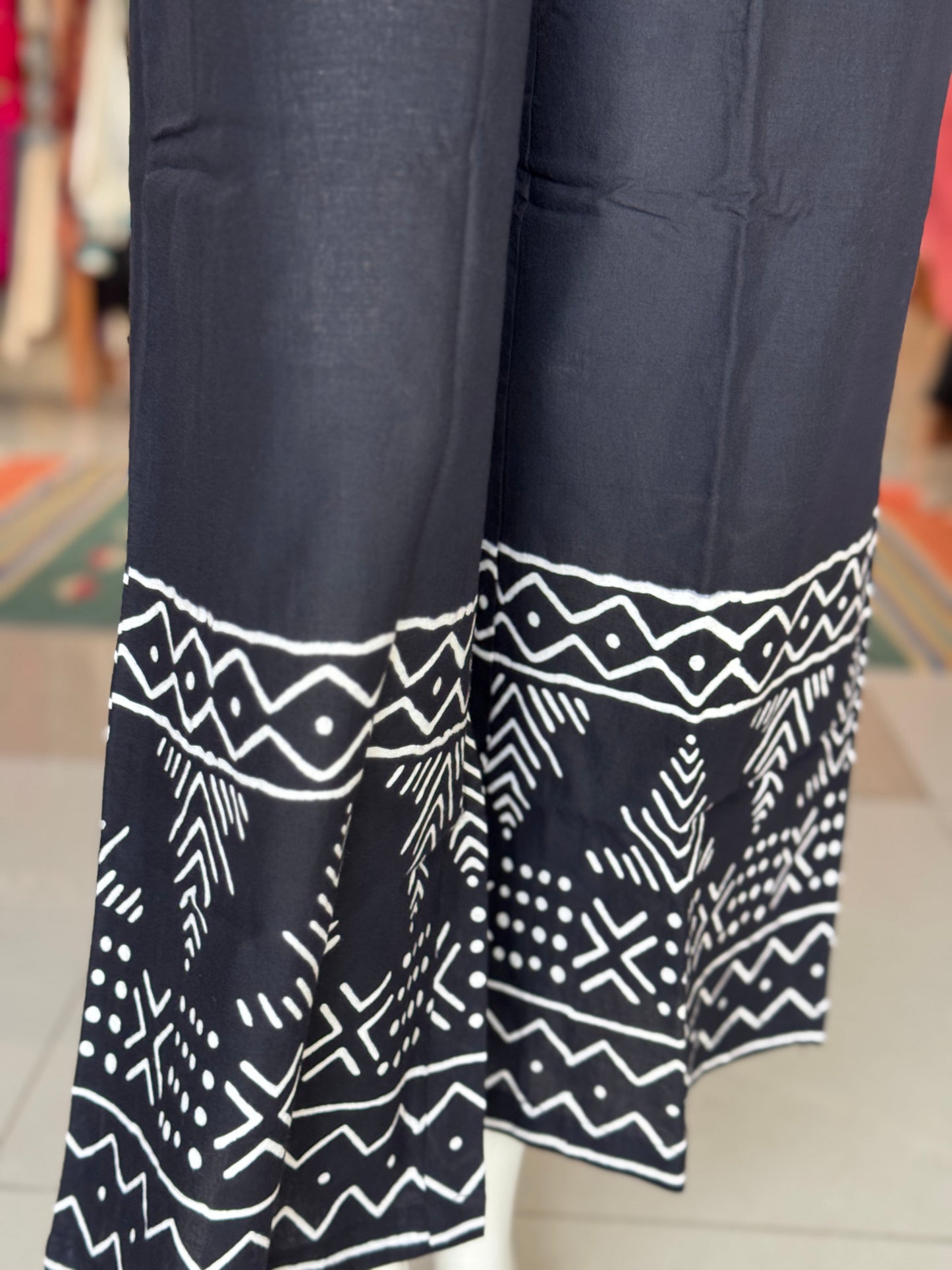 Black with geometric print band collared cotton mid length top with long sleeves and pants - coord set