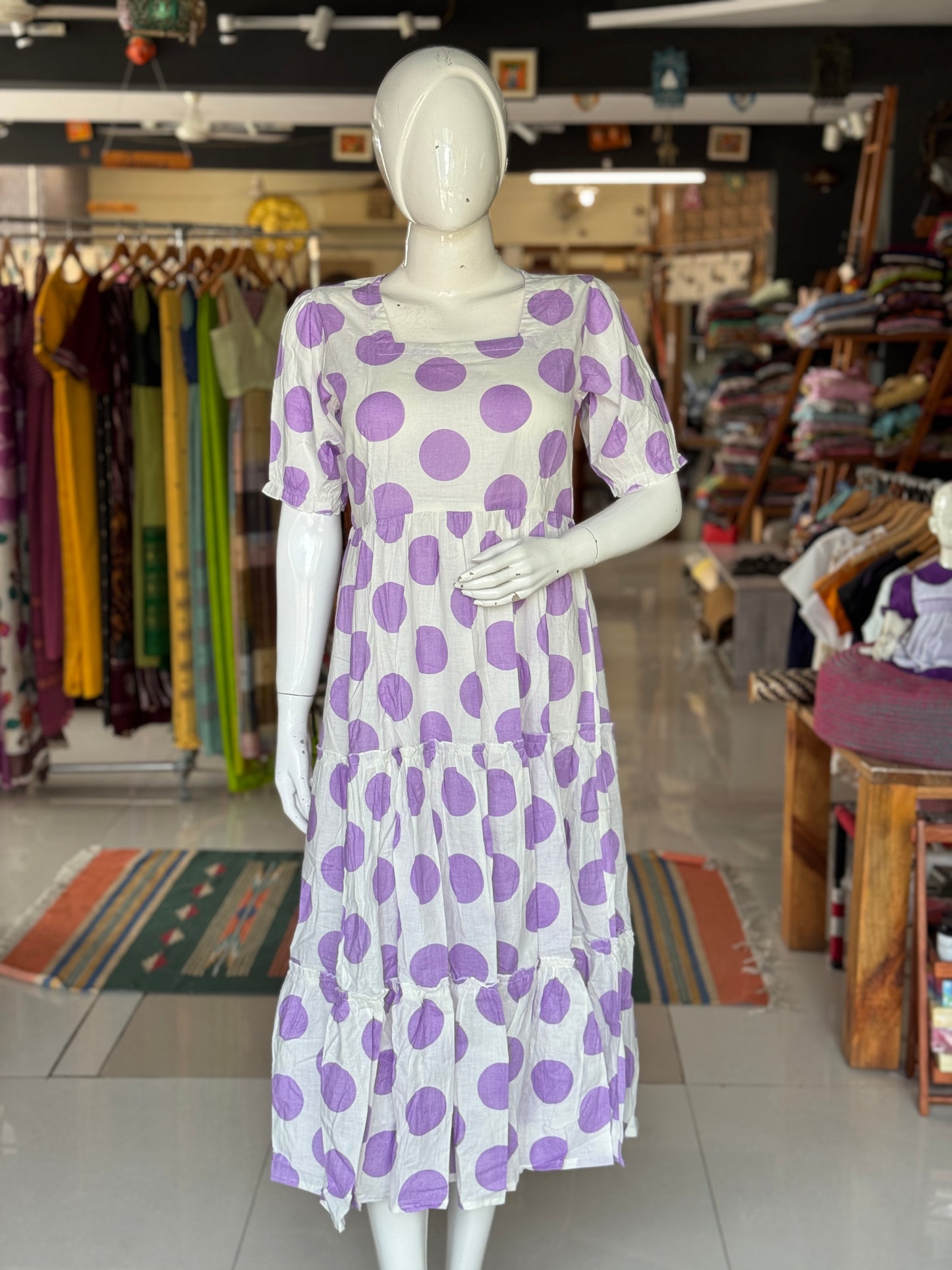 Lavender circles on white base cotton tiered dress with elastic sleeves - square neck