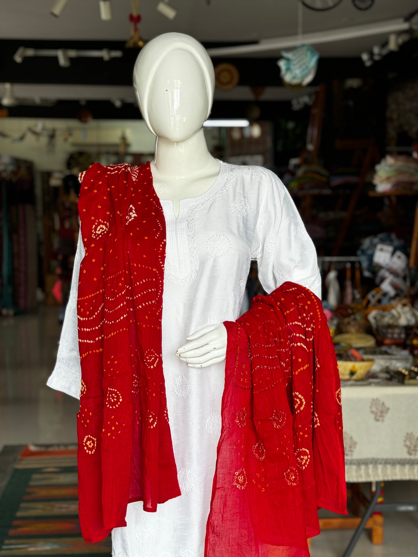 White chikankari hand embroidered straight cuts raw silk kurti