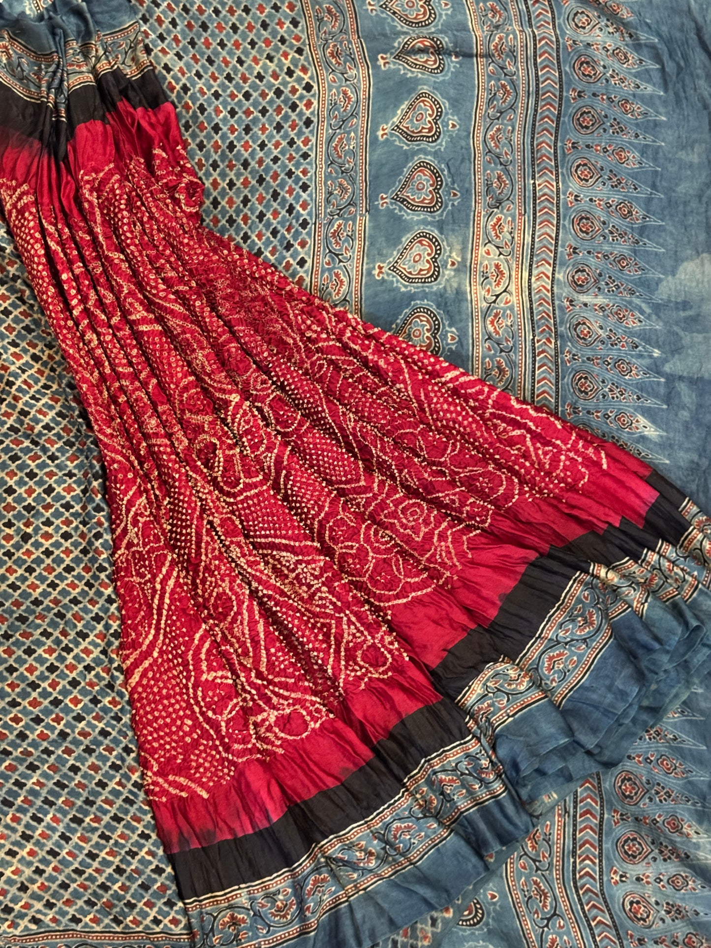 Bandini, Ajrakh silk saree - natural dyed, hand block printed Ajrakh paired with with fine Bandini on soft Gajji silk