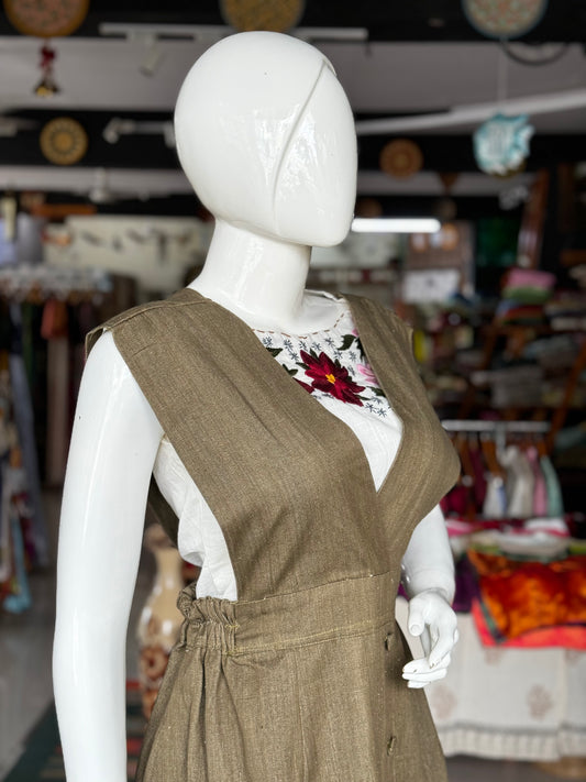 Mehendi green Denim pinafore dress in handloom natural dyed cotton