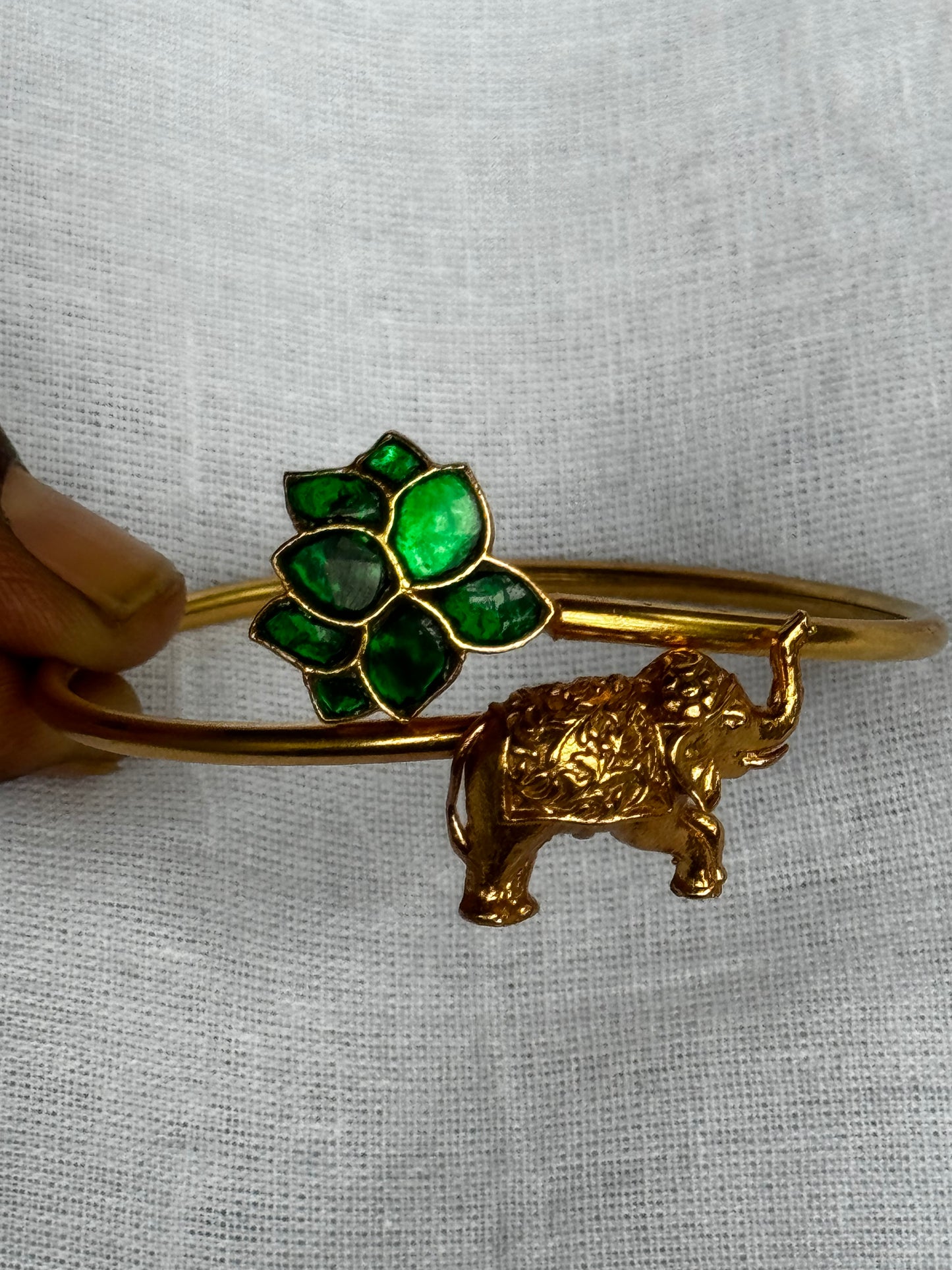 Elephant with green flower design 92.5 sterling silver adjustable size bracelet in gold polish