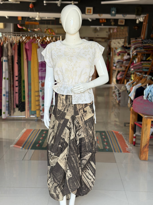 Black and beige Ajrakh natural dyed, hand block printed cotton designer skirt - with pockets
