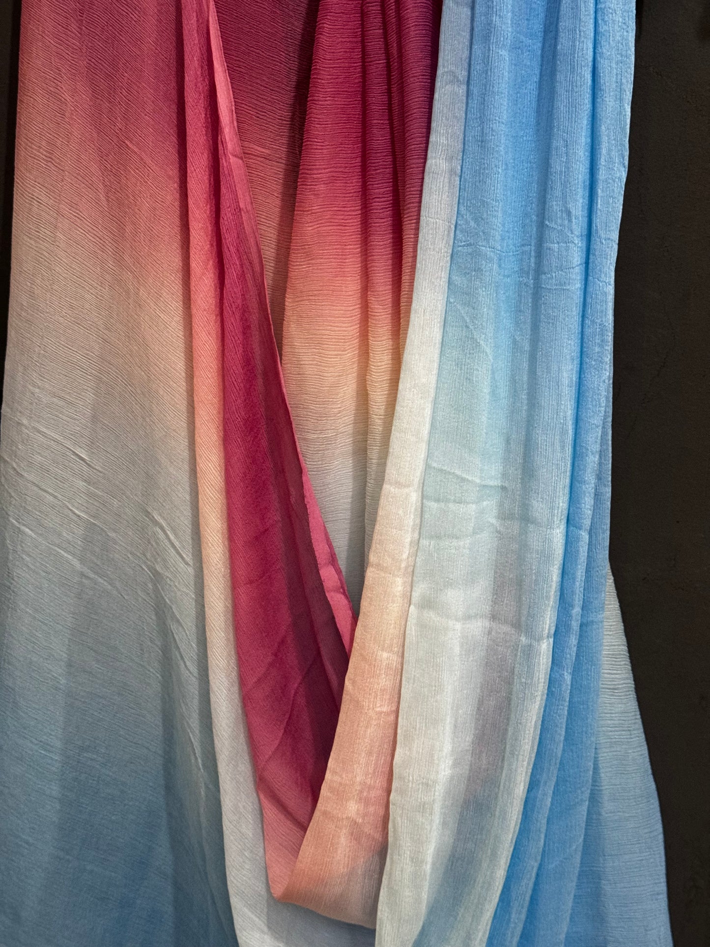 Blue and pink soft chiffon saree with bandini pallu and blue bandini blouse