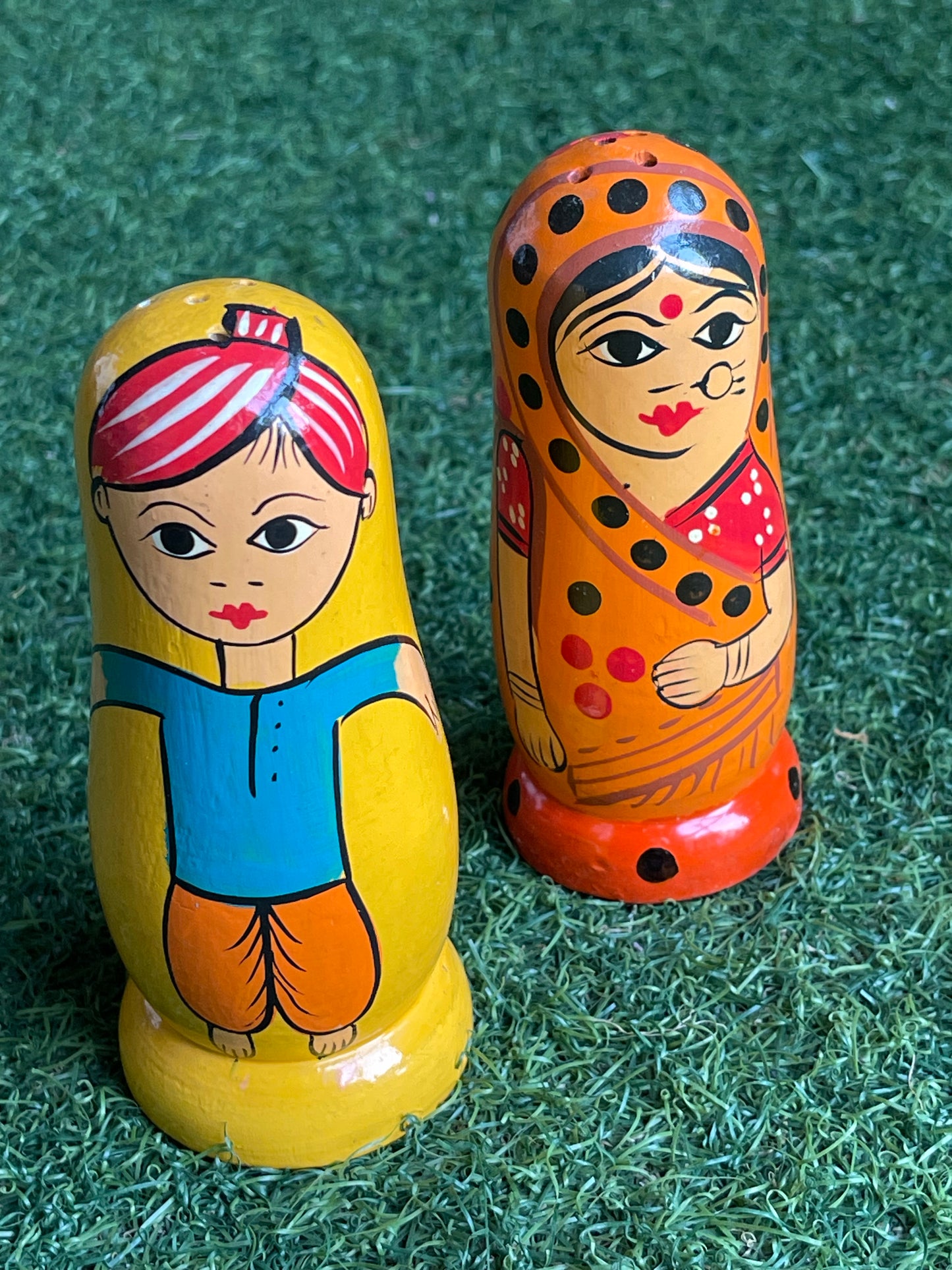 Colourful salt and pepper shaker - handmade wooden hand painted set