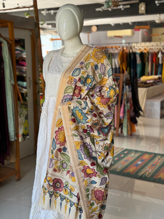 Colorful floral handpainted on Cream base Bangalore silk dupatta