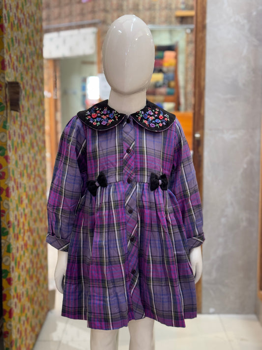 Purple plaid checks embroidered long sleeves dress with corduroy hand embroidered Peter Pan collar and bows