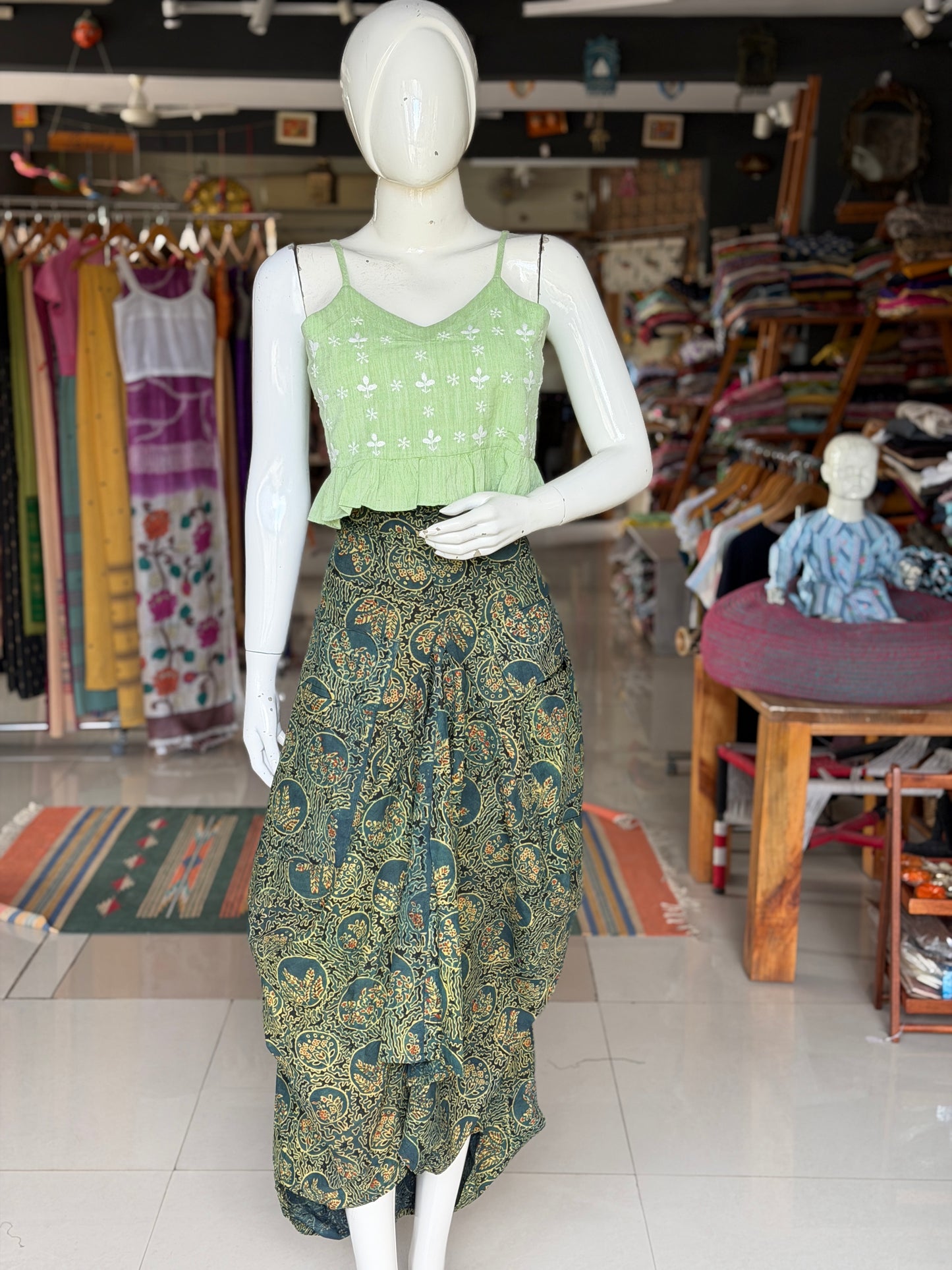 Green flowers Ajrakh natural dyed, hand block printed cotton designer skirt - with pockets