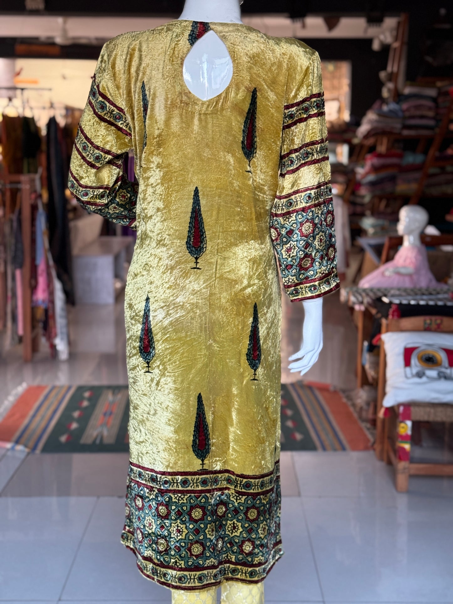 Yellow velvet straight kurti with Ajrakh hand block prints and long sleeves